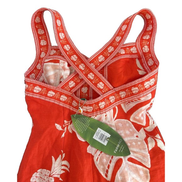 Farm Rio Red White Linen Monsteras Print Mini Button Down Front Dress Sz S NEW - Picture 5 of 9
